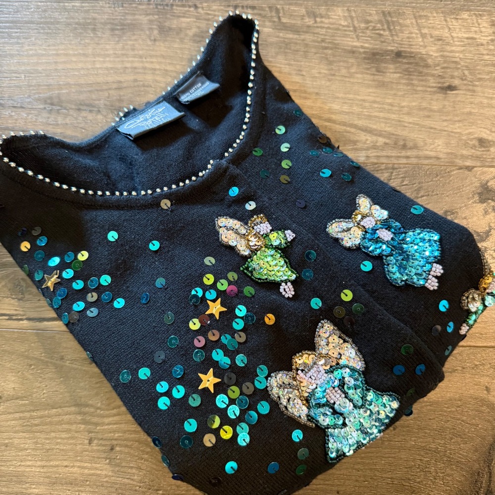 Christina‎ Rotelli Petites Angel Sequin Cardigan Black Cotton Beaded Sweater PL